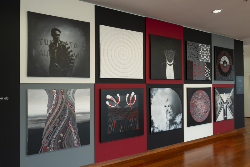 An overview of the Iwitoi Kahungunu - TOI ĀHUA EXHIBITION. On display in the front foyer at MTG